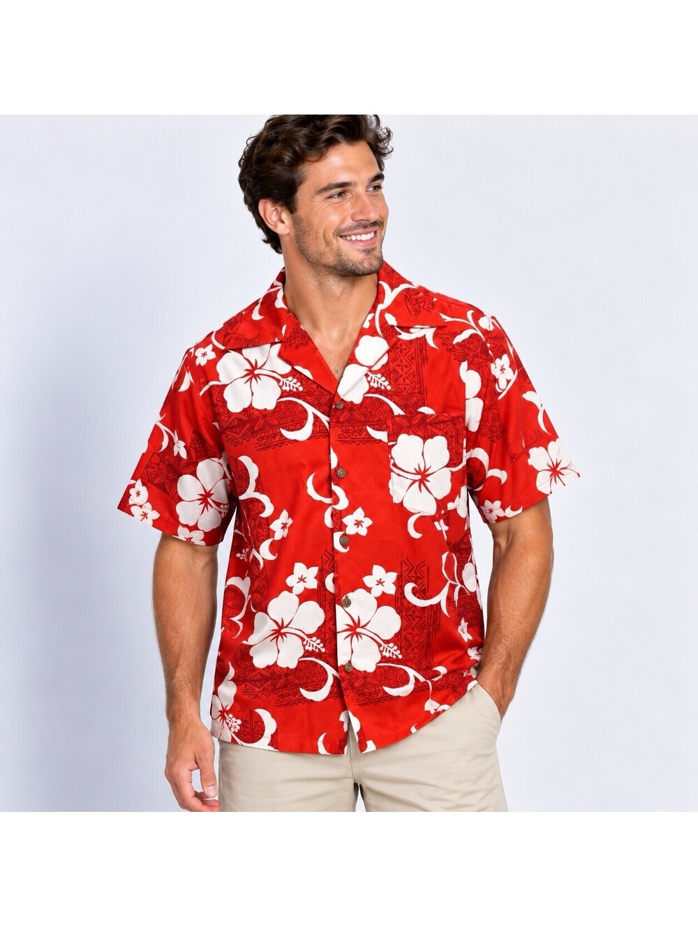 Hilo Hattie Hawaiian Aloha Shirt Men L Red Hibiscus 100% Cotton Tiki Made USA